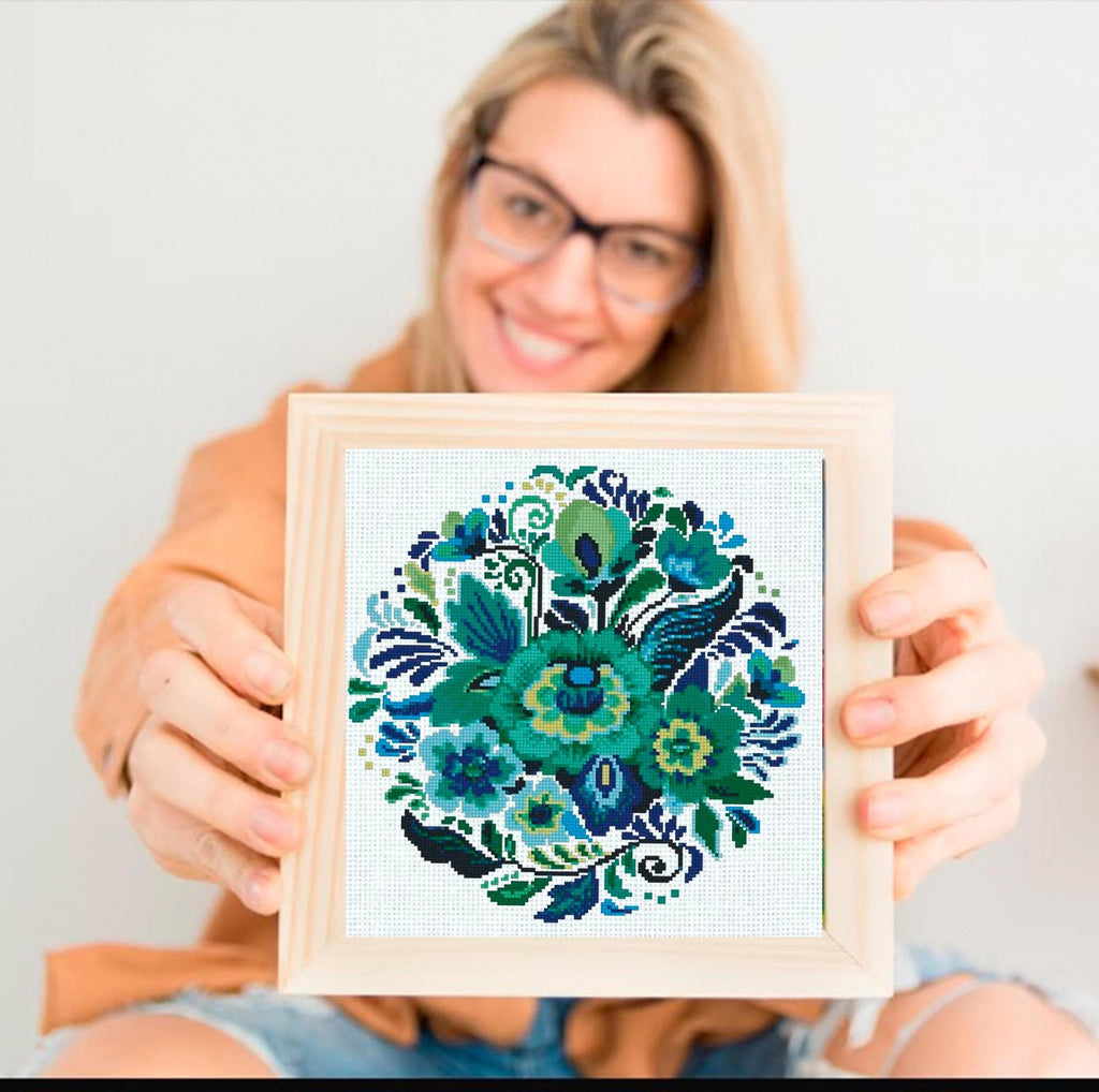 Folk Floral Cross Stitch Pattern PDF, Blue Green Botanical Flowers, Round Hoop Modern Embroidery Chart, Instant Download Needlepoint - NuttyHappyHobby