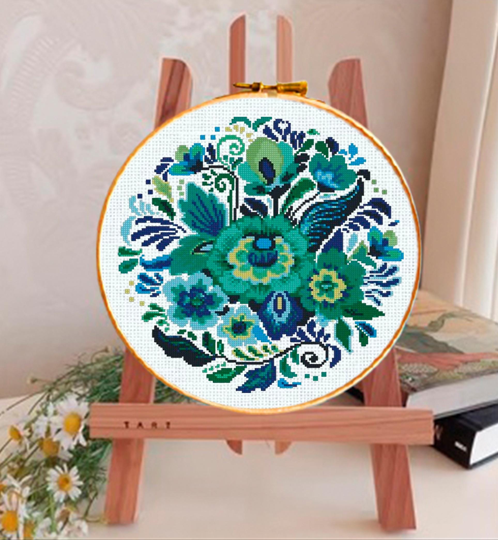 Folk Floral Cross Stitch Pattern PDF, Blue Green Botanical Flowers, Round Hoop Modern Embroidery Chart, Instant Download Needlepoint - NuttyHappyHobby