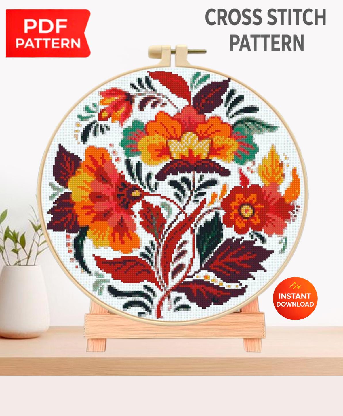 Folk Floral Cross Stitch Pattern PDF, Traditional Folk Art Flower Embroidery Chart, Slavic Style Hoop Wall Art, Scandinavian patterns - NuttyHappyHobby