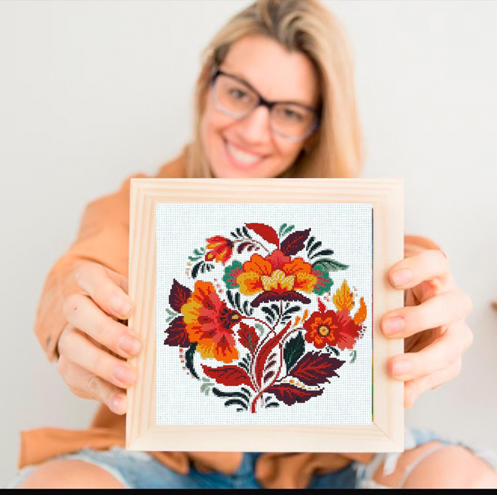 Folk Floral Cross Stitch Pattern PDF, Traditional Folk Art Flower Embroidery Chart, Slavic Style Hoop Wall Art, Scandinavian patterns - NuttyHappyHobby