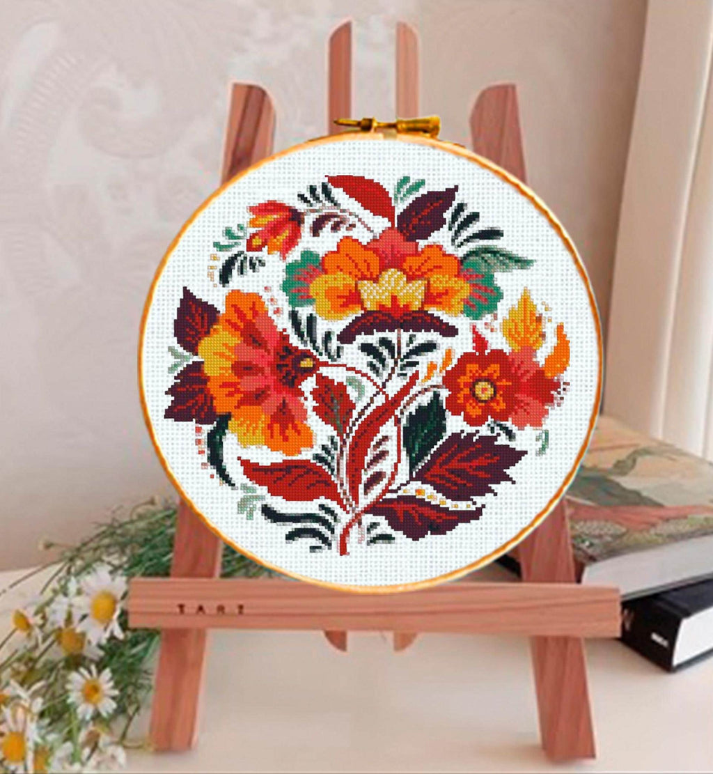 Folk Floral Cross Stitch Pattern PDF, Traditional Folk Art Flower Embroidery Chart, Slavic Style Hoop Wall Art, Scandinavian patterns - NuttyHappyHobby