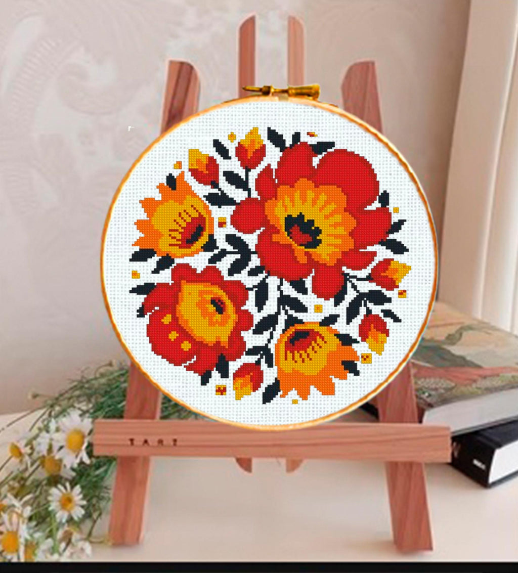 Folk Floral Cross Stitch Pattern PDF, Ukrainian Style Flower Embroidery Design, Bright Floral Cross Stitch Chart, Folk Art Needlework - NuttyHappyHobby