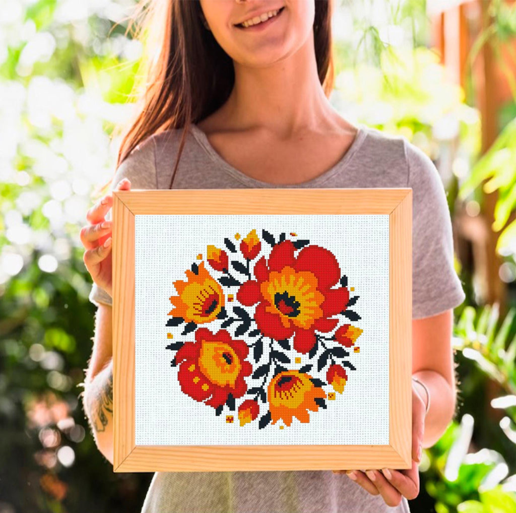 Folk Floral Cross Stitch Pattern Set PDF, Slavic Style Flowers Collection, 4 Round Hoop Embroidery Charts, Modern Botanical Wall Art - NuttyHappyHobby