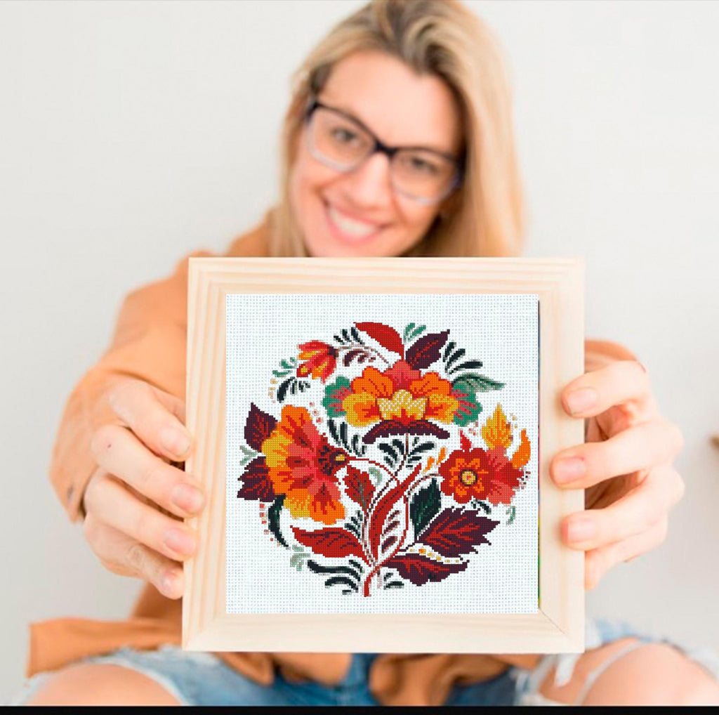Folk Floral Cross Stitch Pattern Set PDF, Slavic Style Flowers Collection, 4 Round Hoop Embroidery Charts, Modern Botanical Wall Art - NuttyHappyHobby