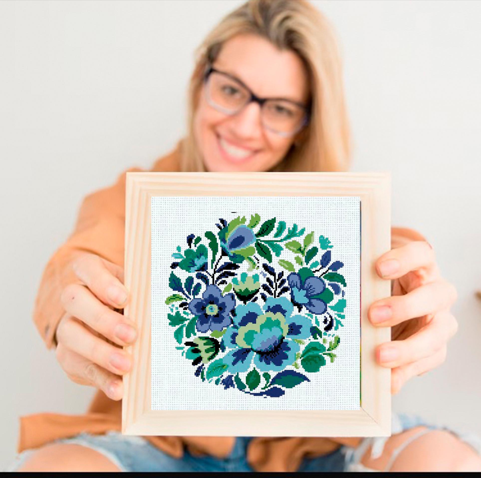 Folk Floral Cross Stitch Pattern Set PDF, Slavic Style Flowers Collection, 4 Round Hoop Embroidery Charts, Modern Botanical Wall Art - NuttyHappyHobby