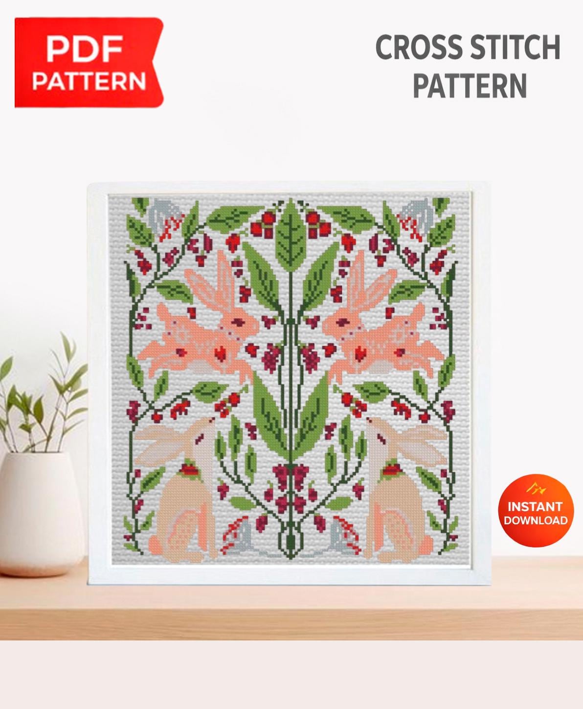 Folk Forest Animals Cross Stitch Pattern PDF, Scandinavian Woodland Embroidery Design, Nordic Folk Art Wall Decor, Instant Download Chart - NuttyHappyHobby