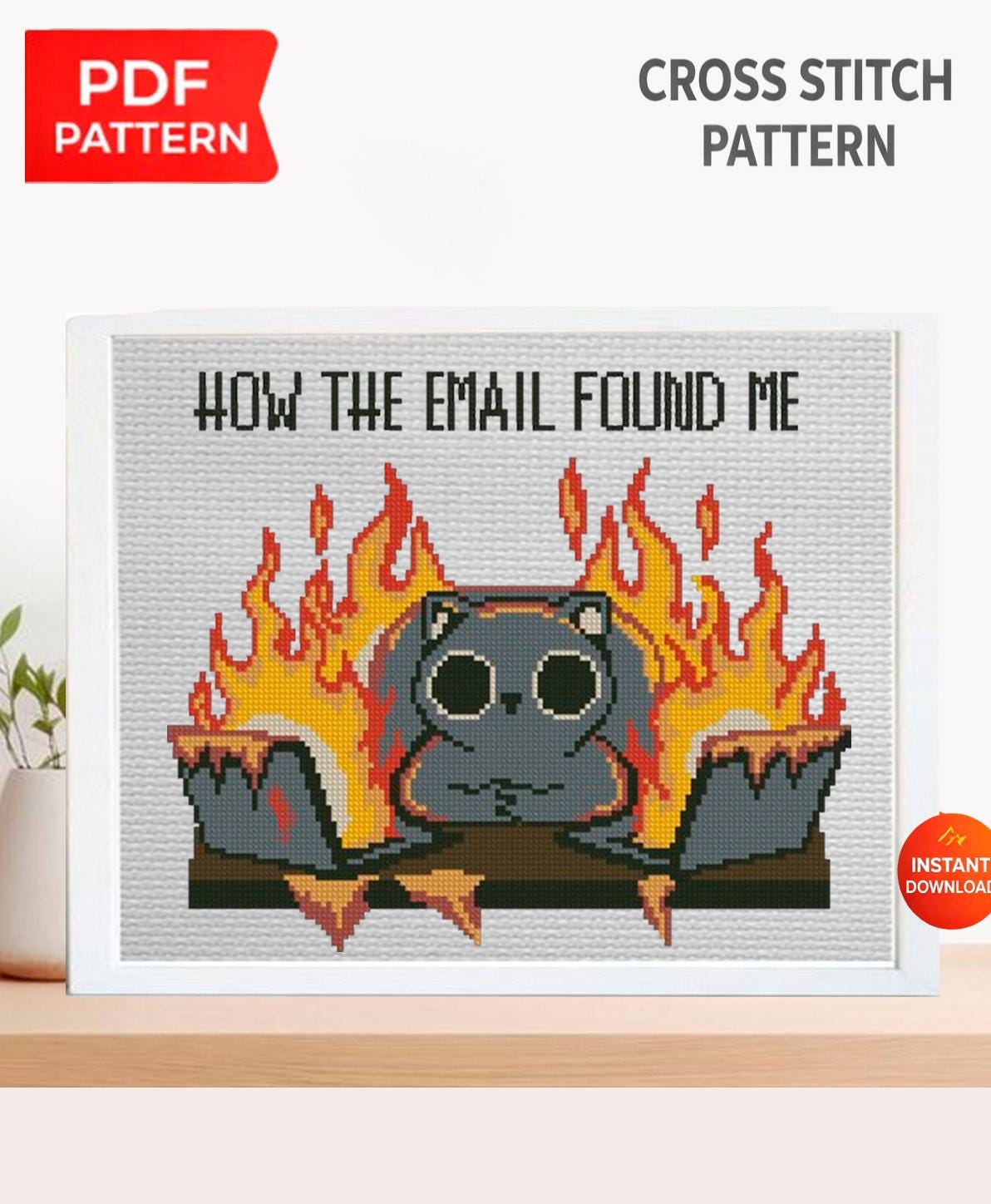 Funny Cat Cross Stitch Pattern PDF, How The Email Found Me Meme Embroidery, Cute Black Cat Counted Cross Stitch, Funny quote for office home - NuttyHappyHobby