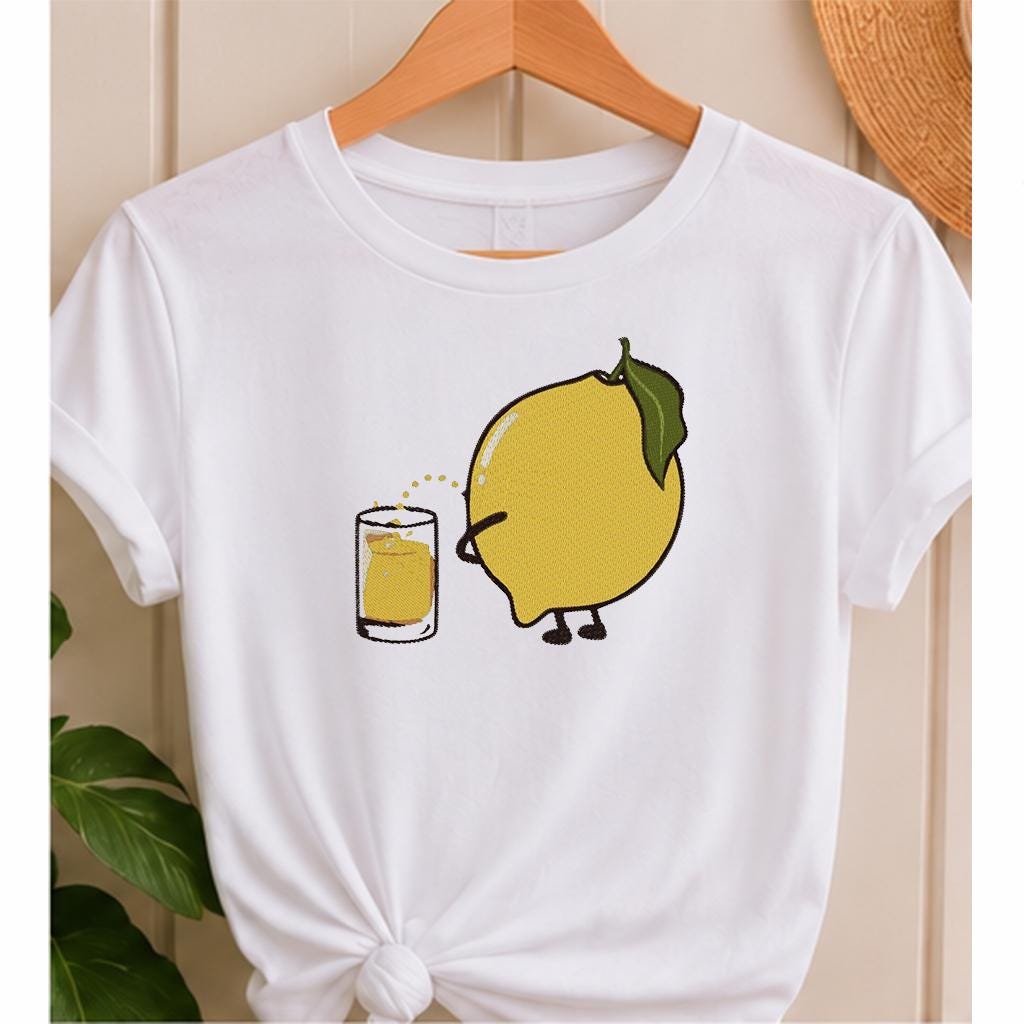 Funny Lemon Machine Embroidery Design, Cute Lemon with Juice, Summer Fruit Embroidery File - NuttyHappyHobby