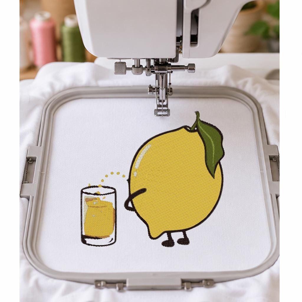 Funny Lemon Machine Embroidery Design, Cute Lemon with Juice, Summer Fruit Embroidery File - NuttyHappyHobby
