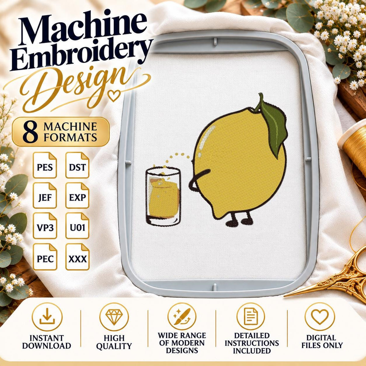 Funny Lemon Machine Embroidery Design, Cute Lemon with Juice, Summer Fruit Embroidery File - NuttyHappyHobby