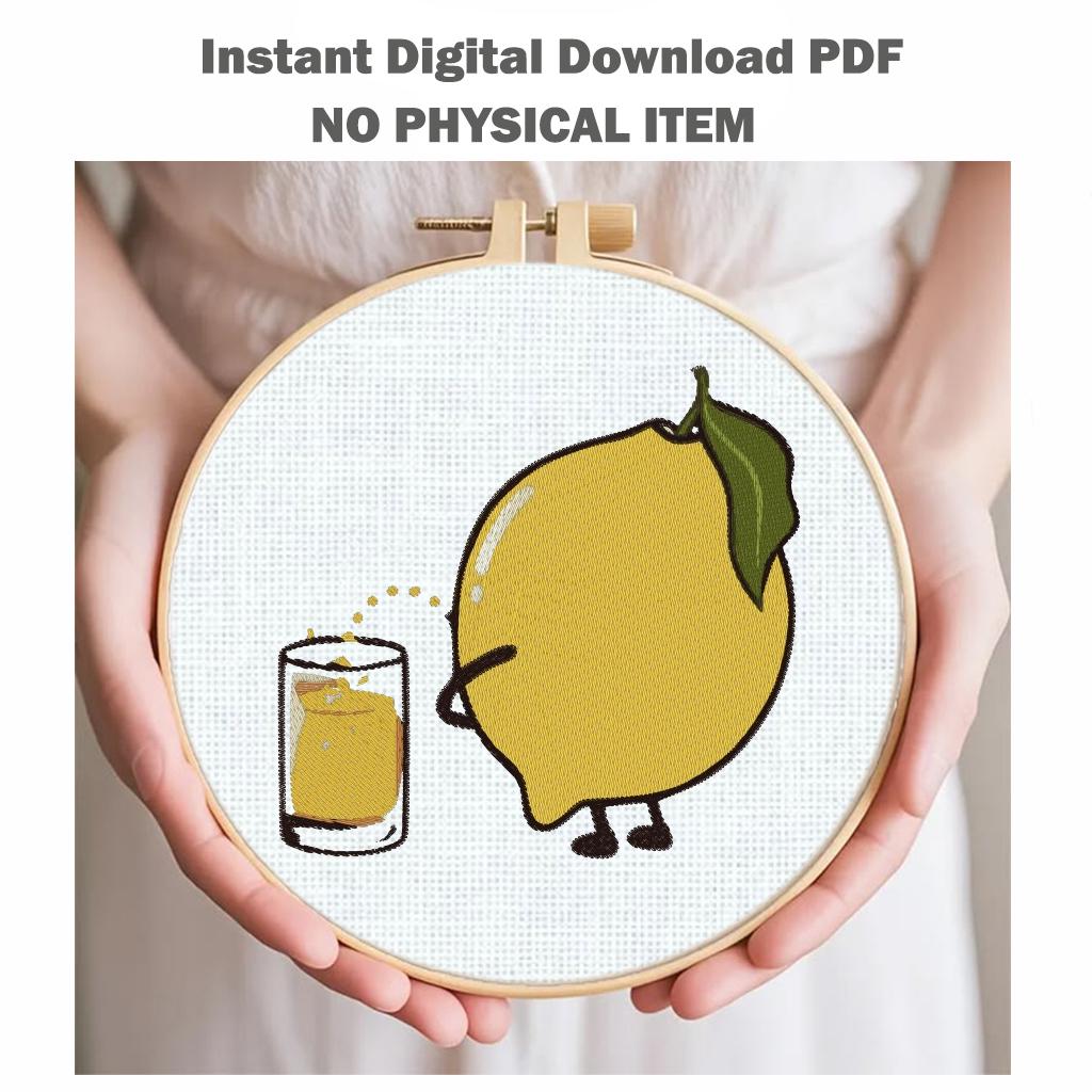 Funny Lemon Machine Embroidery Design, Cute Lemon with Juice, Summer Fruit Embroidery File - NuttyHappyHobby