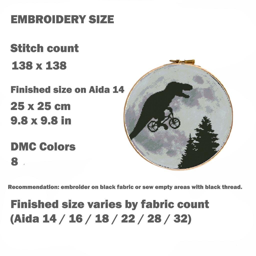 Funny T - Rex Dinosaur Cross Stitch Pattern PDF, Moon Silhouette Bicycle Embroidery Design, Retro Movie Inspired Prehistoric Wall Art download - NuttyHappyHobby
