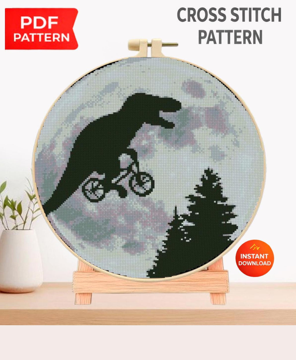 Funny T - Rex Dinosaur Cross Stitch Pattern PDF, Moon Silhouette Bicycle Embroidery Design, Retro Movie Inspired Prehistoric Wall Art download - NuttyHappyHobby