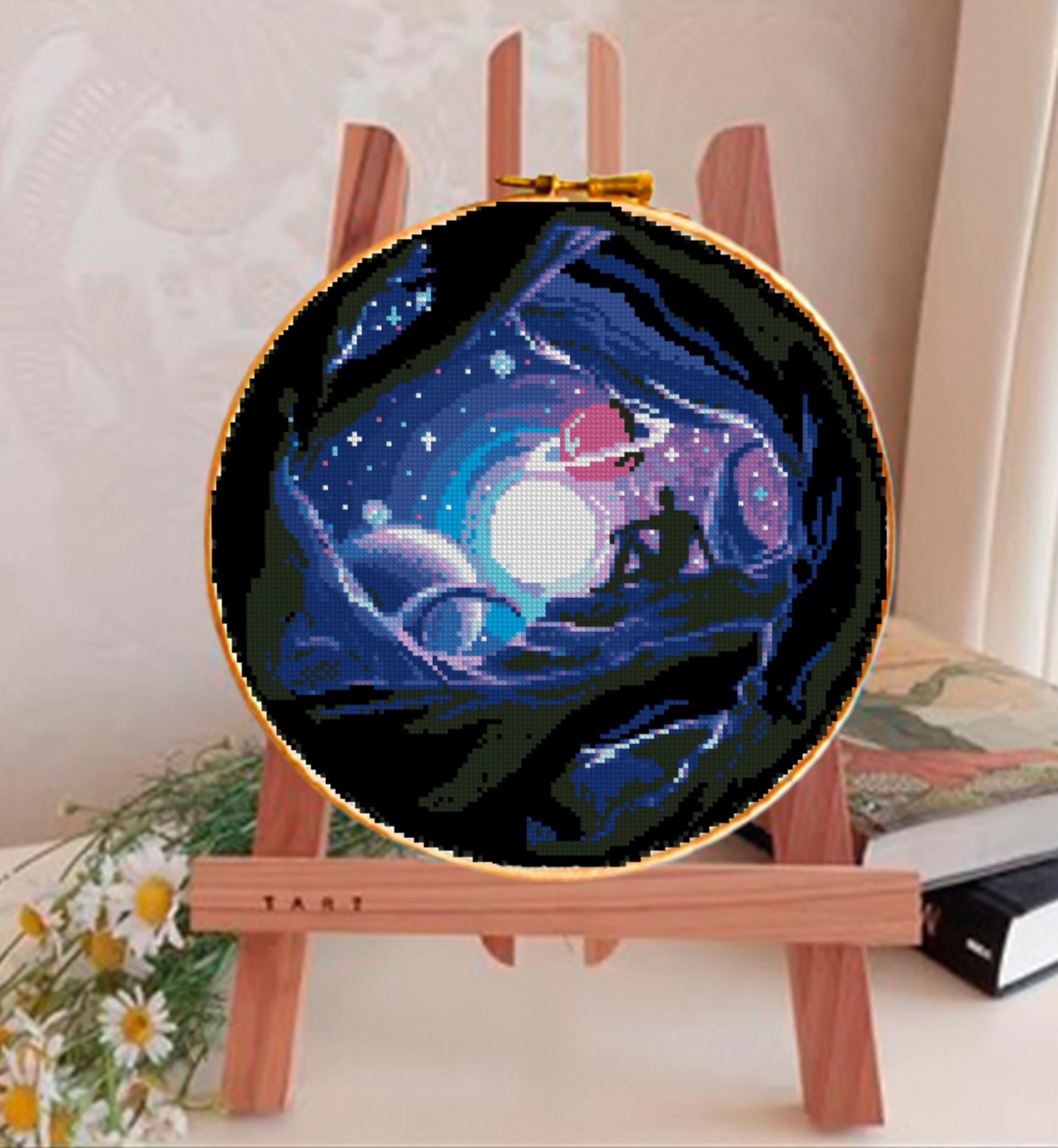 Galaxy Cross Stitch Pattern PDF, Fantasy Space Embroidery Design, Moon Night Landscape Cross Stitch Chart, Cosmic Needlework, Download PDF - NuttyHappyHobby