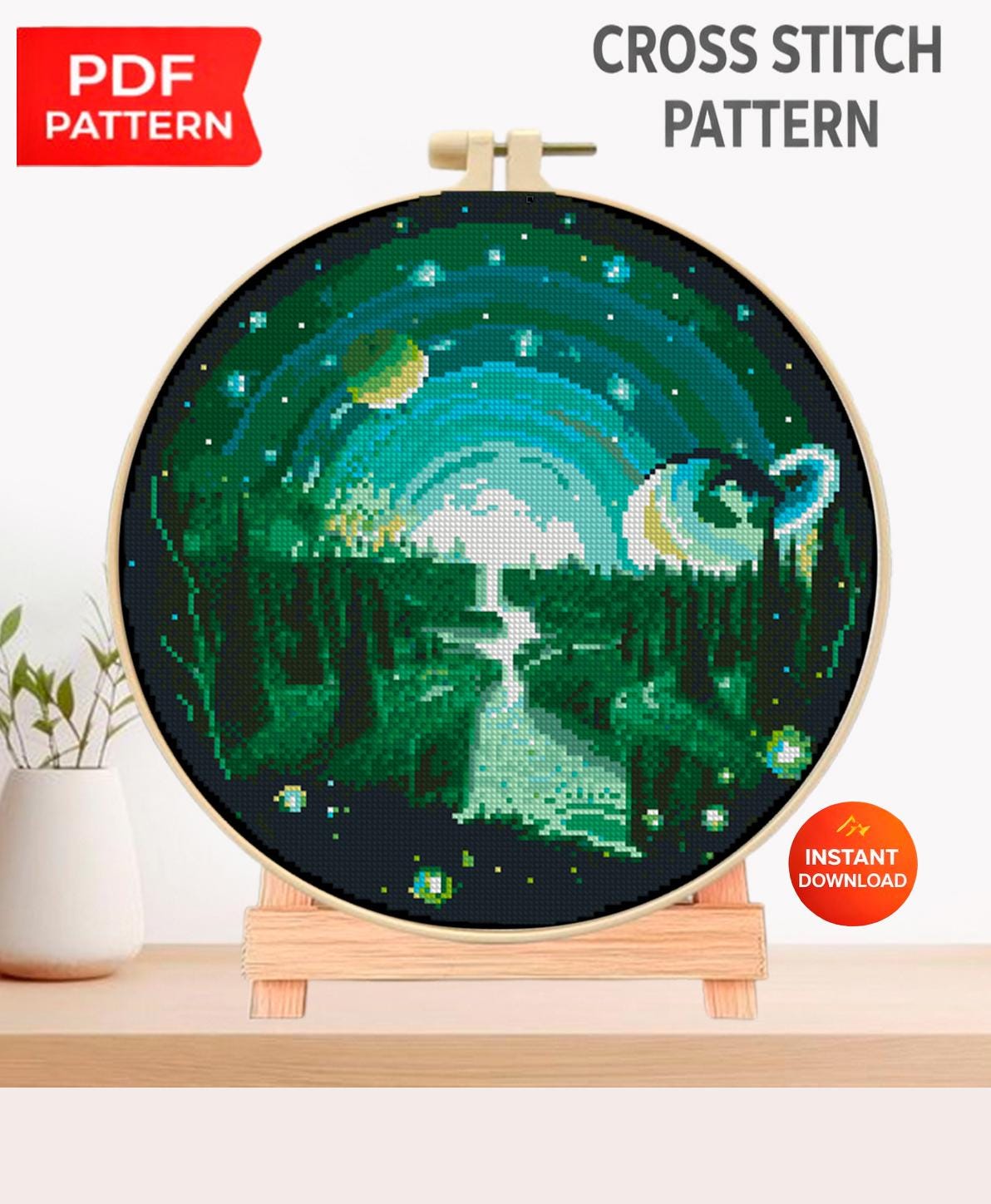 Galaxy Landscape Cross Stitch Pattern PDF, Fantasy Space River Embroidery Design, Cosmic Night Sky Cross Stitch Chart, Download PDF - NuttyHappyHobby