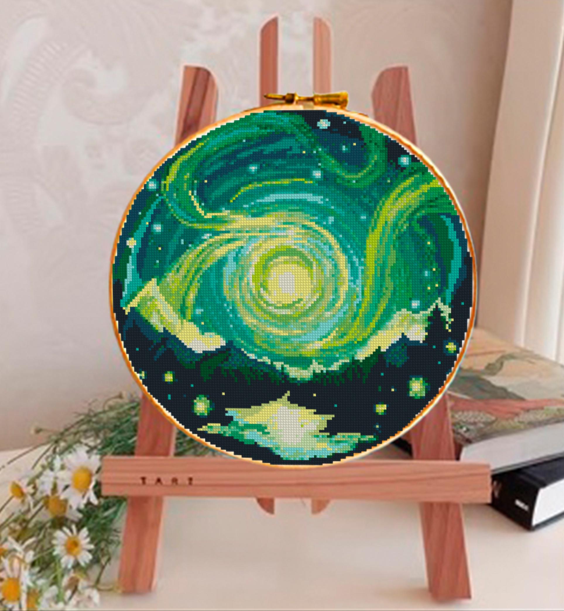 Galaxy Night Sky Cross Stitch Pattern PDF, Cosmic Mountain Landscape Embroidery Design, Celestial Hoop Art Modern Cross Stitch, Download PDF - NuttyHappyHobby