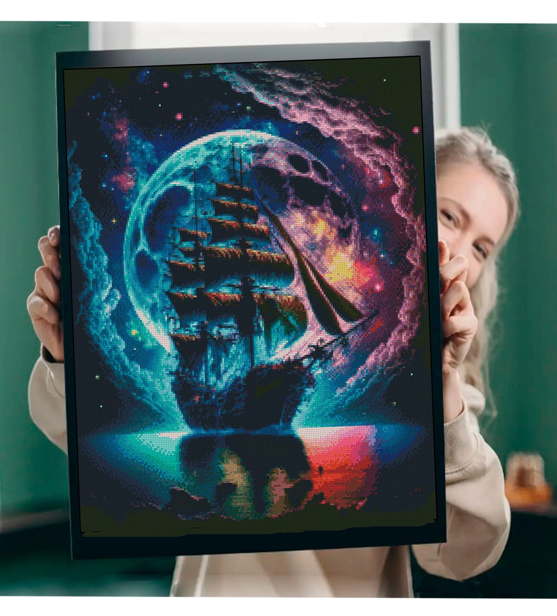 Galaxy Ship Cross Stitch Pattern PDF, Fantasy Space Ship Embroidery Design, Cosmic Sailing Ship Cross Stitch Space Art Cross Stitch Download - NuttyHappyHobby