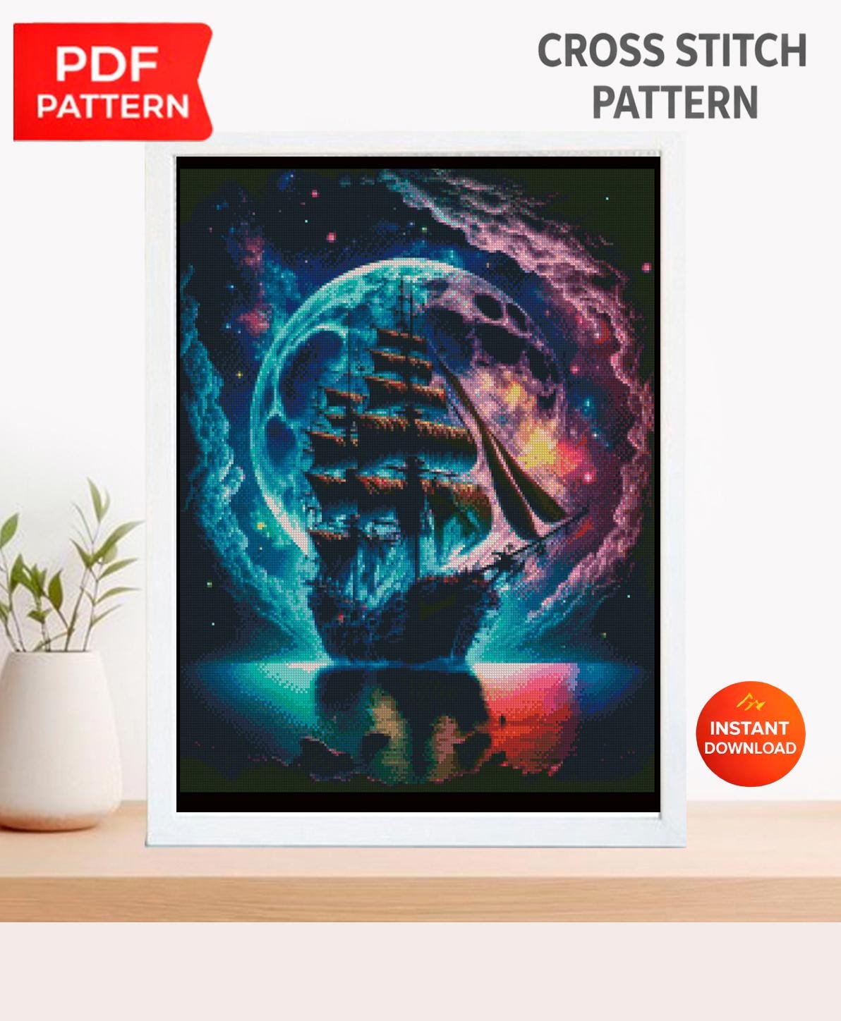 Galaxy Ship Cross Stitch Pattern PDF, Fantasy Space Ship Embroidery Design, Cosmic Sailing Ship Cross Stitch Space Art Cross Stitch Download - NuttyHappyHobby