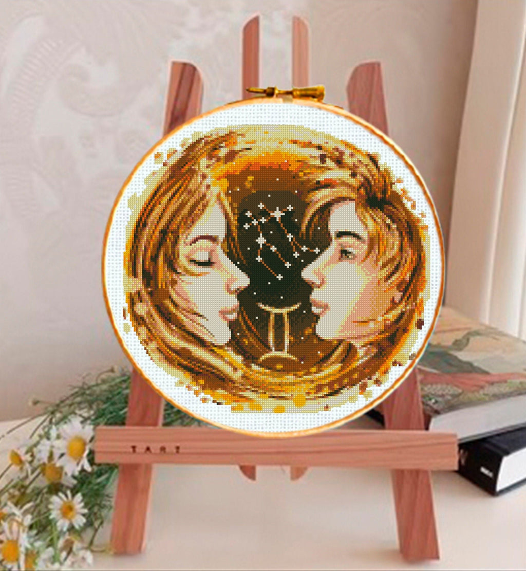 Gemini Zodiac Cross Stitch Pattern PDF, Twins Astrology Embroidery Design, Gemini Constellation Cross Stitch Chart, Celestial Horoscope - NuttyHappyHobby