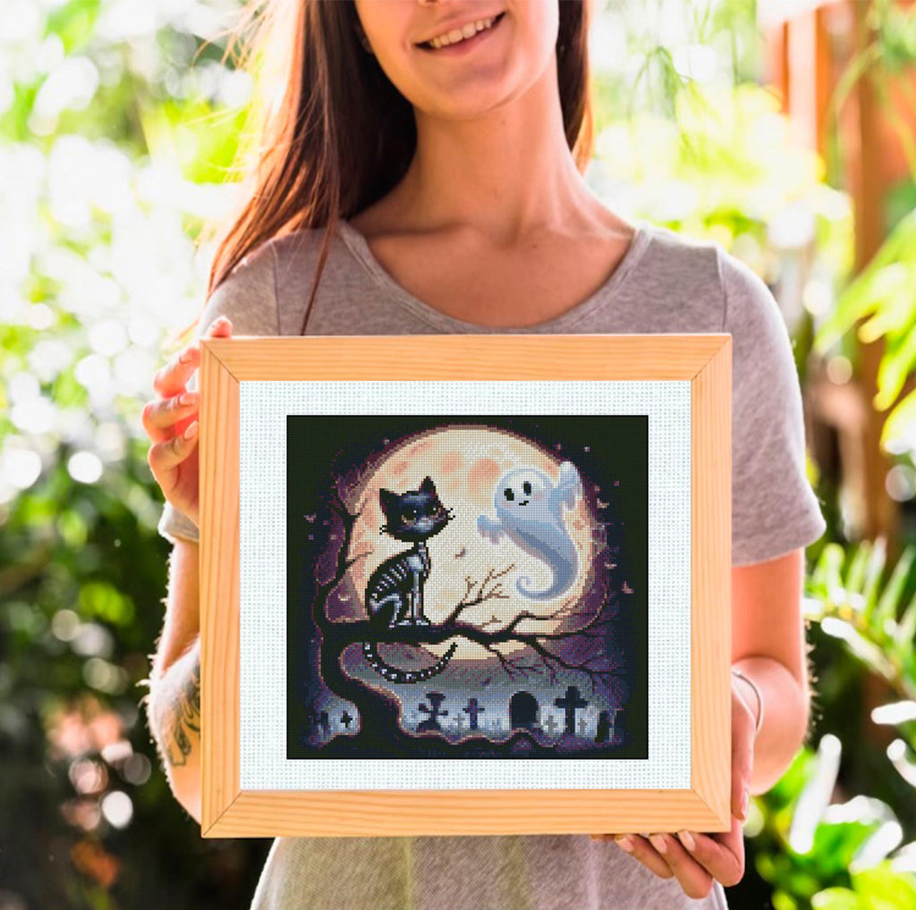 Ghost and Black Cat Cross Stitch Pattern PDF, Halloween Ghost Embroidery Design, Spooky Cat Cross Stitch, Cute Halloween Decor, Download - NuttyHappyHobby