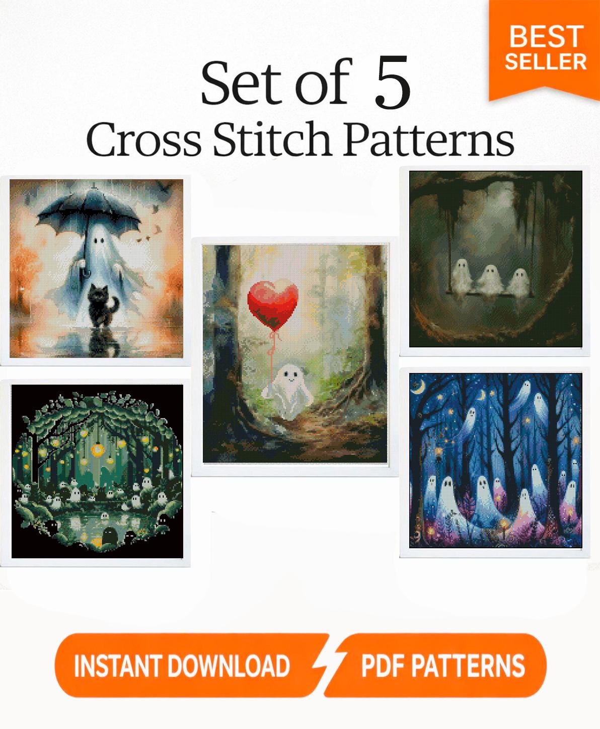 Ghost Cross Stitch Pattern Bundle Set of 5, Cute Ghost Embroidery Patterns, Spooky Forest Halloween Decor, Modern Cross Stitch PDF Download - NuttyHappyHobby