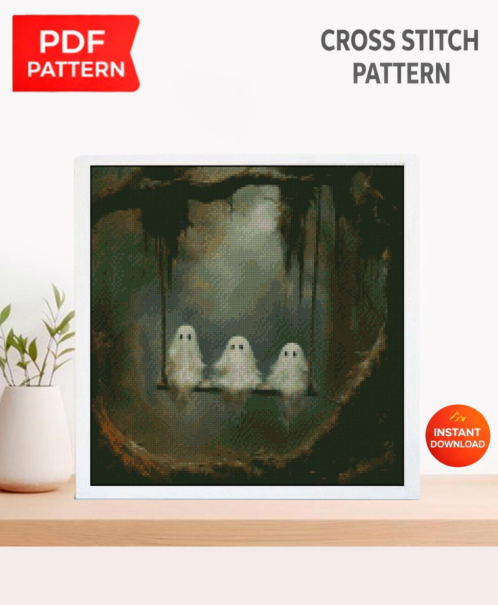 Ghost Cross Stitch Pattern PDF, Spooky Ghost Embroidery Design, Halloween Cross Stitch Pattern, Gothic Halloween Decor, Instant Download pdf - NuttyHappyHobby