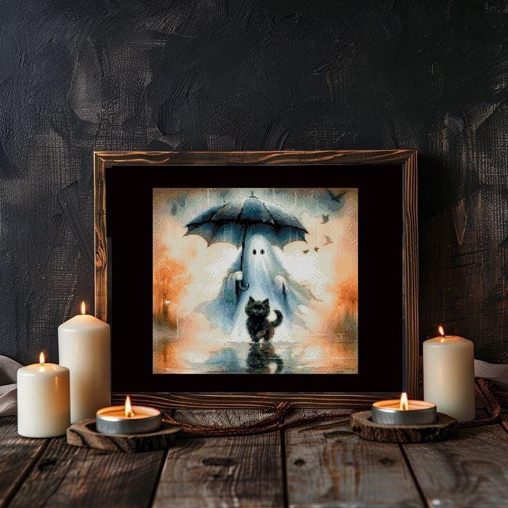 Ghost Cross Stitch Pattern PDF, Spooky Ghost with Cat Embroidery Design, Halloween Cross Stitch, Gothic Halloween Decor, Instant Download - NuttyHappyHobby