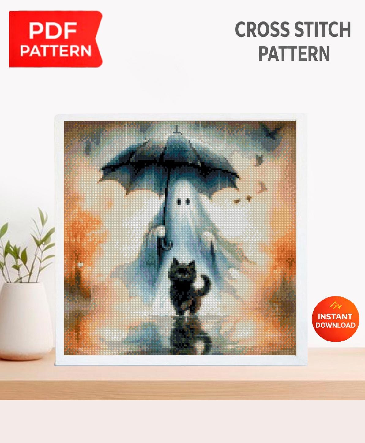 Ghost Cross Stitch Pattern PDF, Spooky Ghost with Cat Embroidery Design, Halloween Cross Stitch, Gothic Halloween Decor, Instant Download - NuttyHappyHobby