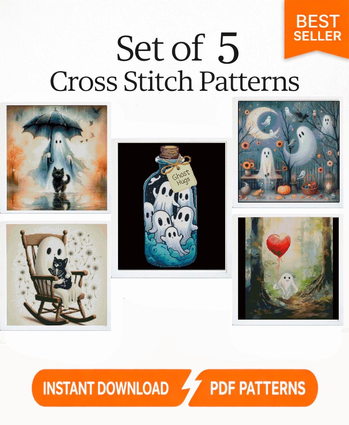 Ghost Cross Stitch Pattern Set of 5, Halloween Cute Ghost PDF, Gothic Spooky Bundle, Easy Modern Embroidery, Instant Download Decor - NuttyHappyHobby