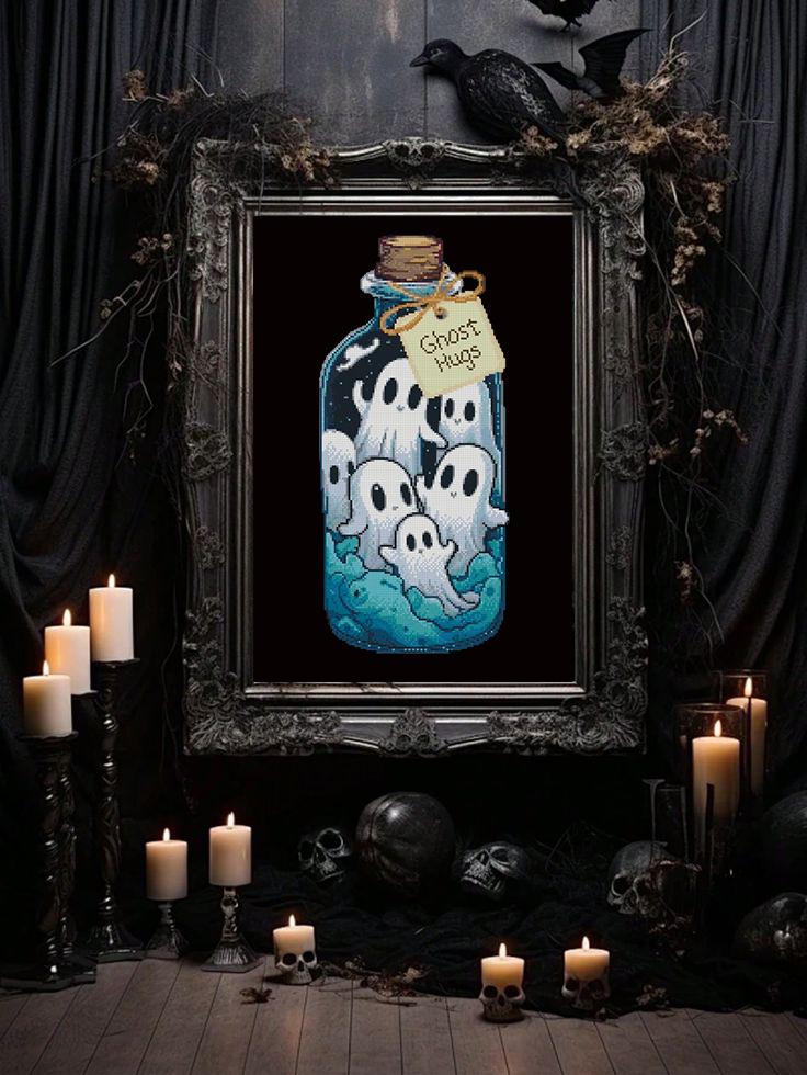 Ghost Jar Cross Stitch Pattern PDF, Halloween Ghost Embroidery Design, Spooky Potion Bottle Cross Stitch, Witchy Halloween Decor, Download - NuttyHappyHobby
