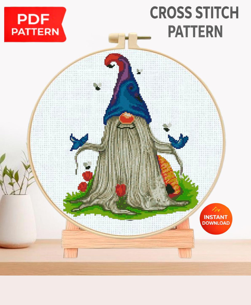 Gnome Cross Stitch Pattern PDF, Fantasy Garden Gnome Embroidery Design, Cute Nordic Gnome Needlework Chart, Whimsical Cross Stitch pattern - NuttyHappyHobby