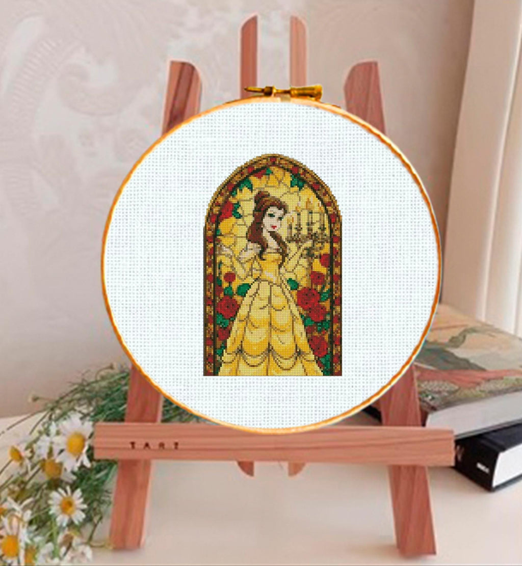 Golden Ball Gown Princess Cross Stitch Pattern PDF, Enchanted Rose Fairytale Princess Embroidery Design, Fantasy Storybook Needlework, 90s - NuttyHappyHobby