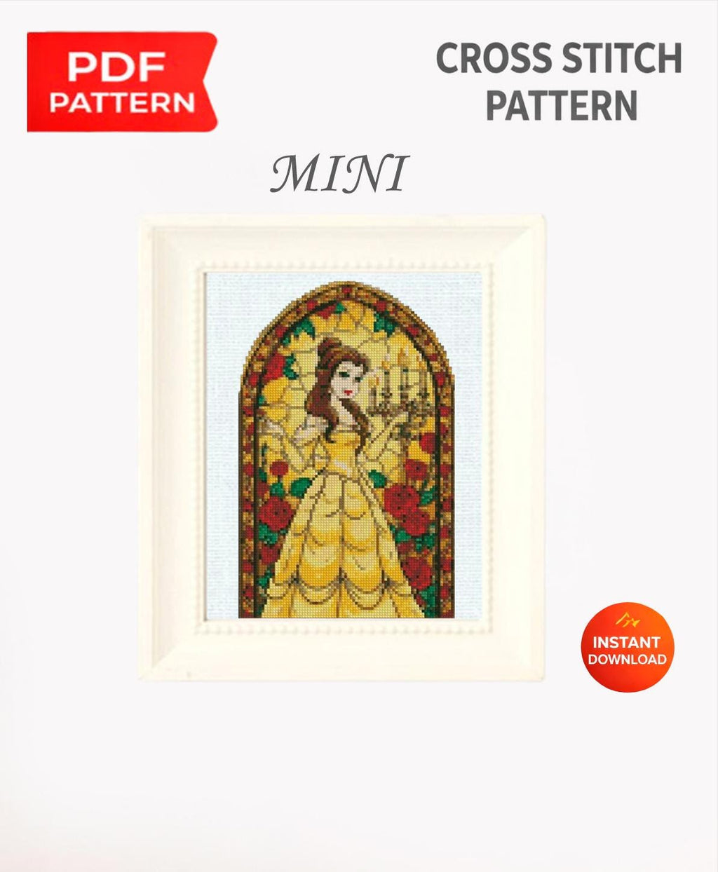 Golden Ball Gown Princess Cross Stitch Pattern PDF, Enchanted Rose Fairytale Princess Embroidery Design, Fantasy Storybook Needlework, 90s - NuttyHappyHobby