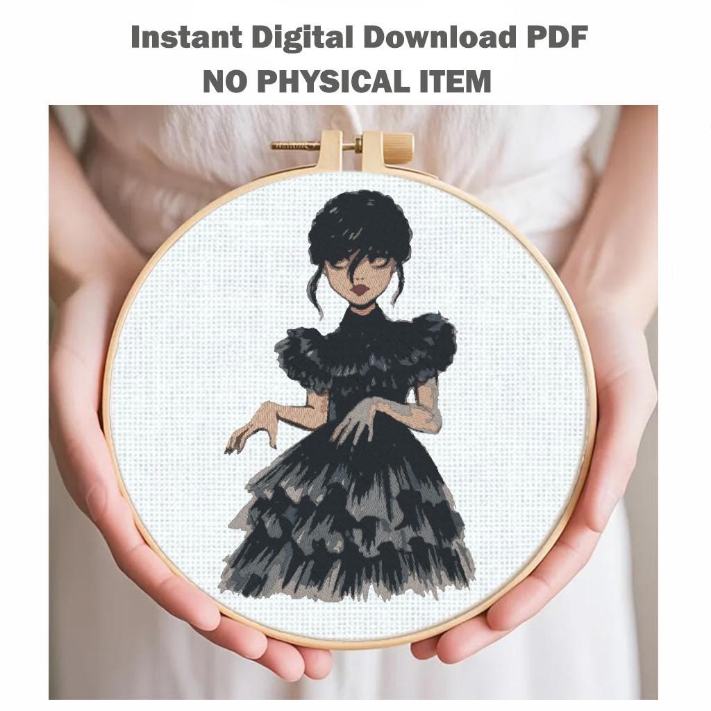 Gothic Girl Machine Embroidery Design, Dark Dance Black Dress, Spooky Goth Aesthetic PES DST JEF Embroidery File, Instant Download - NuttyHappyHobby