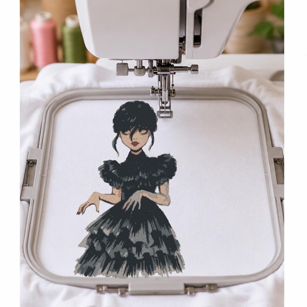Gothic Girl Machine Embroidery Design, Dark Dance Black Dress, Spooky Goth Aesthetic PES DST JEF Embroidery File, Instant Download - NuttyHappyHobby