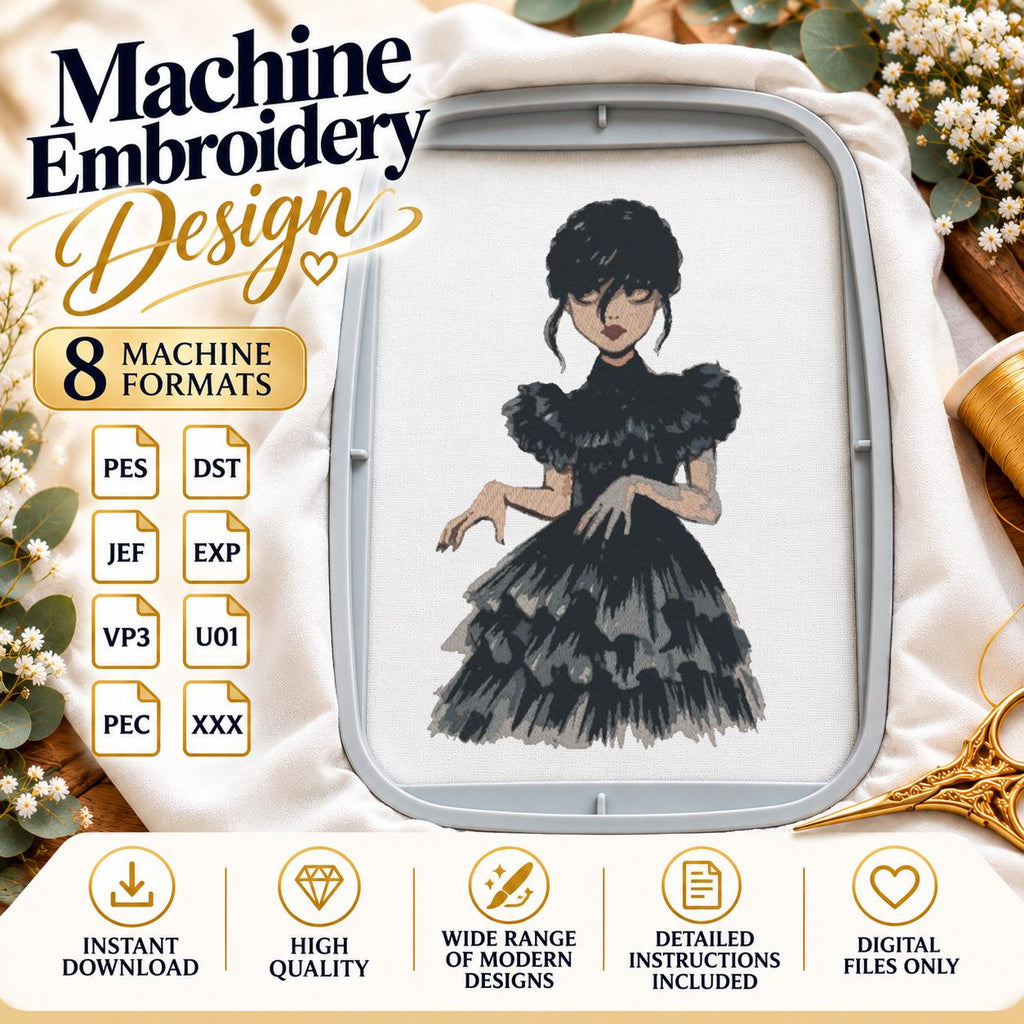 Gothic Girl Machine Embroidery Design, Dark Dance Black Dress, Spooky Goth Aesthetic PES DST JEF Embroidery File, Instant Download - NuttyHappyHobby