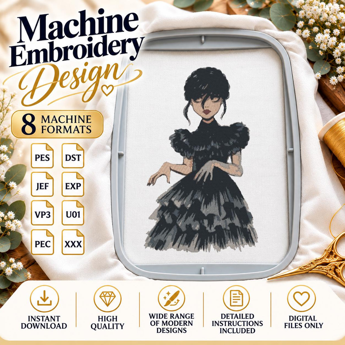 Gothic Girl Machine Embroidery Design, Dark Dance Black Dress, Spooky Goth Aesthetic PES DST JEF Embroidery File, Instant Download - NuttyHappyHobby