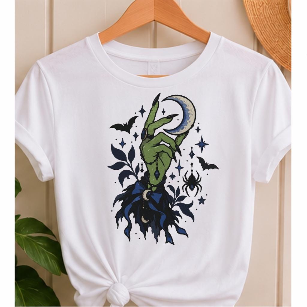 Gothic Witch Hand Machine Embroidery Design, Crescent Moon Spider Bats, Dark Floral Halloween Embroidery File, PES DST JEF, Instant Download - NuttyHappyHobby