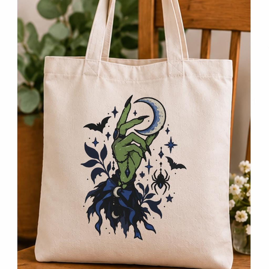 Gothic Witch Hand Machine Embroidery Design, Crescent Moon Spider Bats, Dark Floral Halloween Embroidery File, PES DST JEF, Instant Download - NuttyHappyHobby