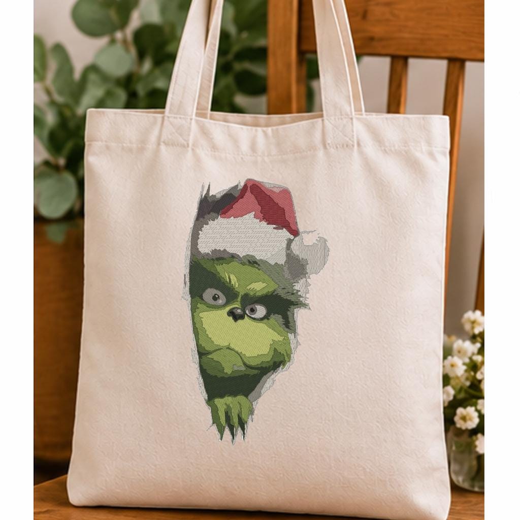 Green Christmas Grouch Machine Embroidery Design, Grumpy Santa Hat Ripped Fabric Effect, Funny Holiday PES DST JEF, Instant Download - NuttyHappyHobby