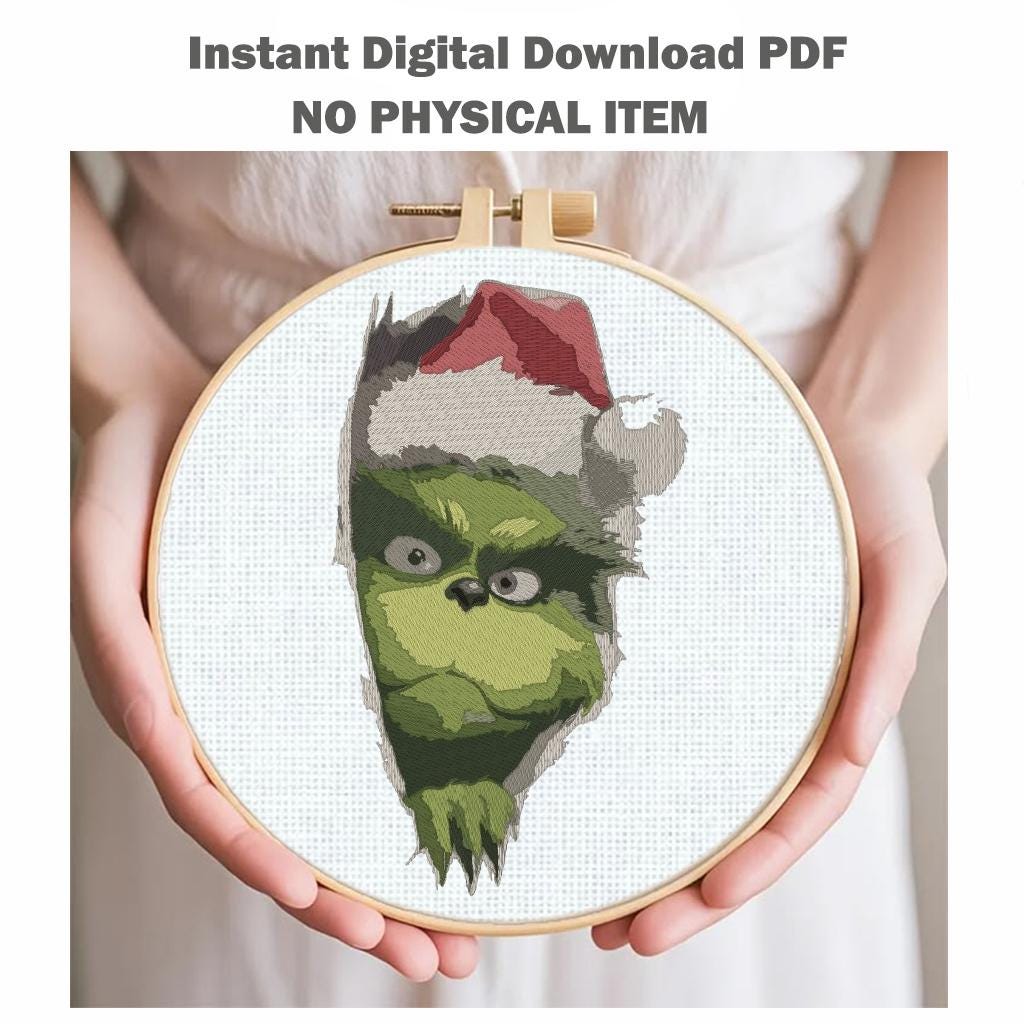 Green Christmas Grouch Machine Embroidery Design, Grumpy Santa Hat Ripped Fabric Effect, Funny Holiday PES DST JEF, Instant Download - NuttyHappyHobby