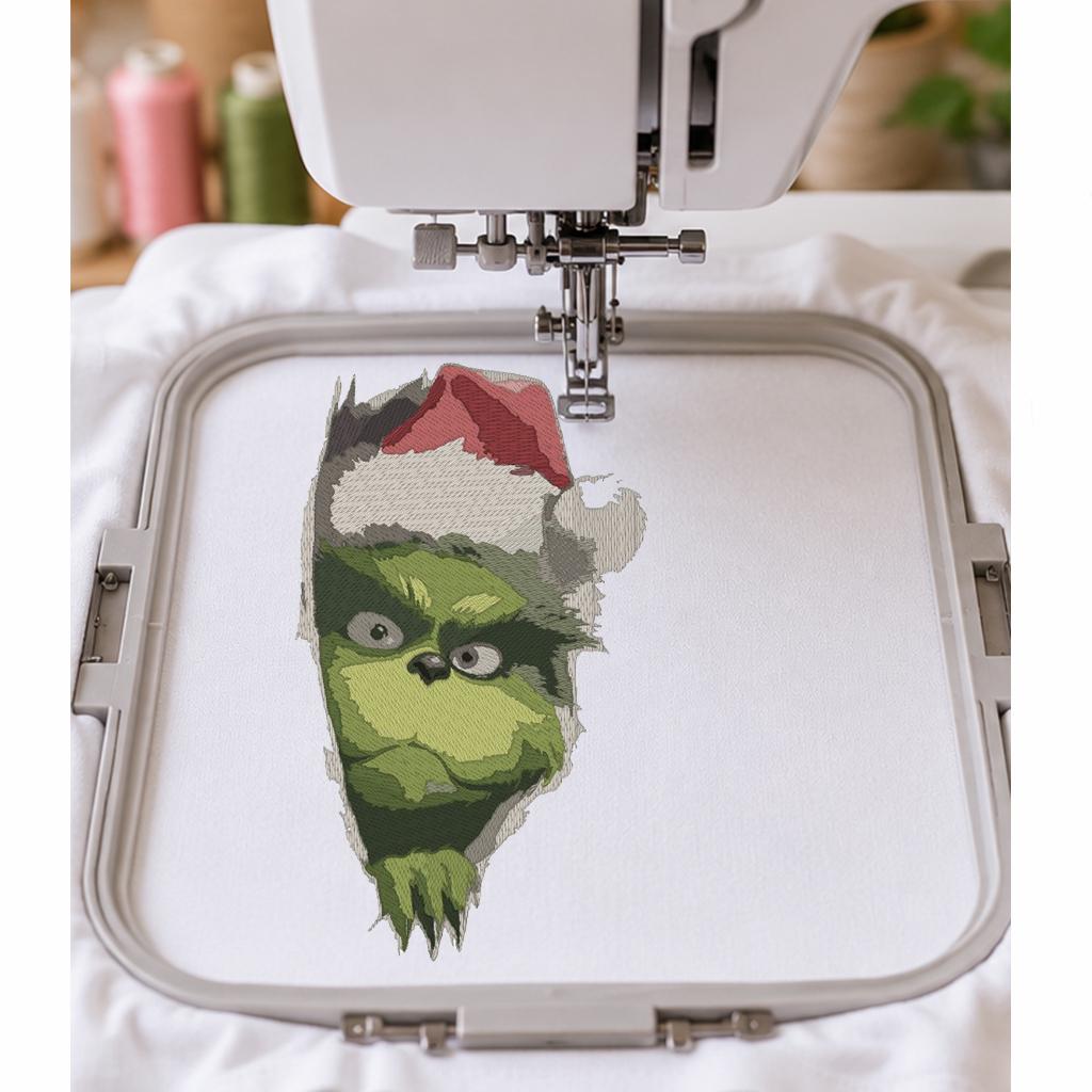 Green Christmas Grouch Machine Embroidery Design, Grumpy Santa Hat Ripped Fabric Effect, Funny Holiday PES DST JEF, Instant Download - NuttyHappyHobby