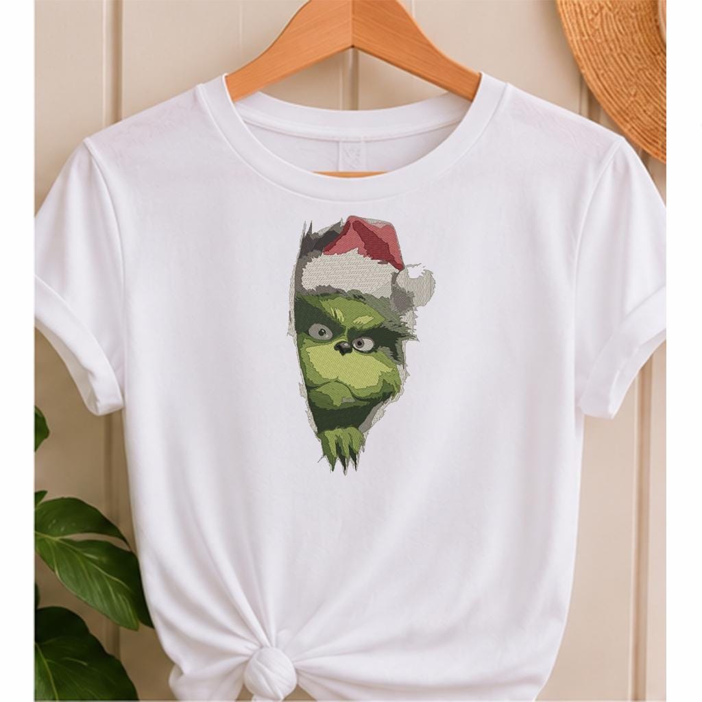 Green Christmas Grouch Machine Embroidery Design, Grumpy Santa Hat Ripped Fabric Effect, Funny Holiday PES DST JEF, Instant Download - NuttyHappyHobby