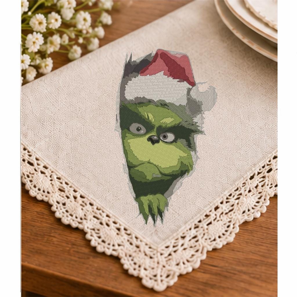 Green Christmas Grouch Machine Embroidery Design, Grumpy Santa Hat Ripped Fabric Effect, Funny Holiday PES DST JEF, Instant Download - NuttyHappyHobby