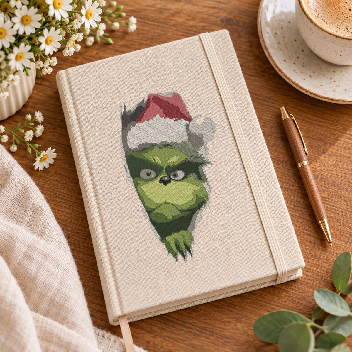 Green Christmas Grouch Machine Embroidery Design, Grumpy Santa Hat Ripped Fabric Effect, Funny Holiday PES DST JEF, Instant Download - NuttyHappyHobby