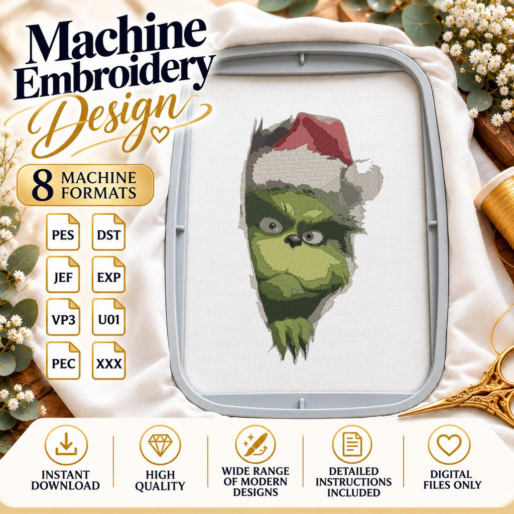 Green Christmas Grouch Machine Embroidery Design, Grumpy Santa Hat Ripped Fabric Effect, Funny Holiday PES DST JEF, Instant Download - NuttyHappyHobby