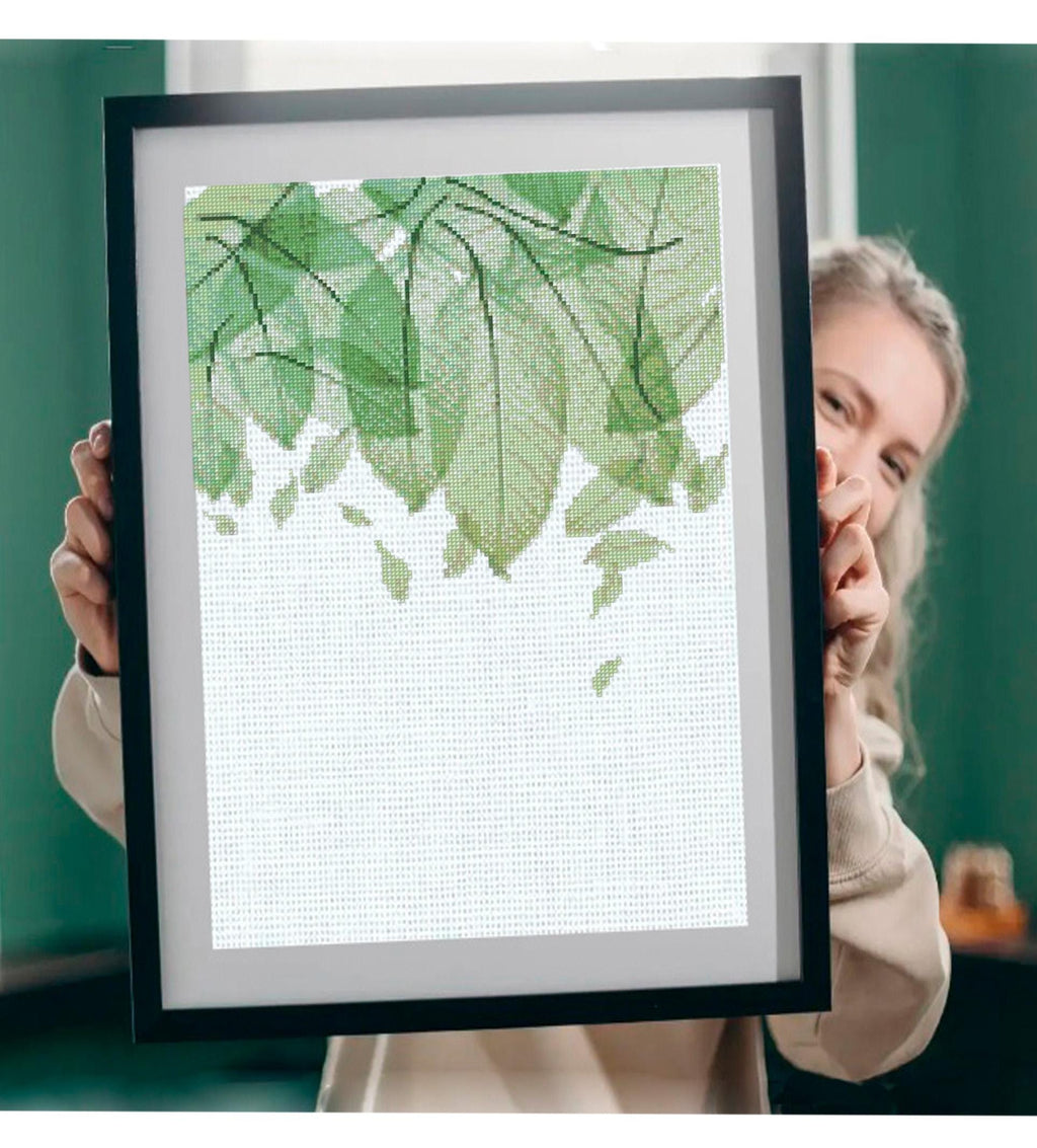 Green Leaves Botanical Cross Stitch Pattern PDF, Modern Minimal Leaf Wall Art, Nature Embroidery Chart, Instant Download, Scandinavian decor - NuttyHappyHobby