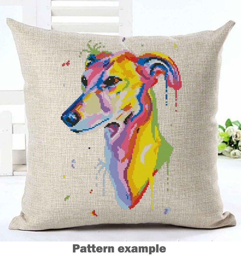 Greyhound Cross Stitch Pattern PDF, Colorful Greyhound Dog Embroidery Design, Modern Dog Portrait Needlework Chart, Dog Lover Gift, download - NuttyHappyHobby