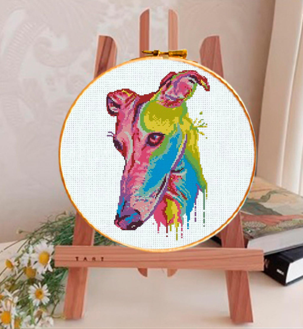 Greyhound Cross Stitch Pattern PDF, Colorful Greyhound Dog Portrait Embroidery Design, Modern Sighthound Needlework Chart, Dog Lover Gift - NuttyHappyHobby