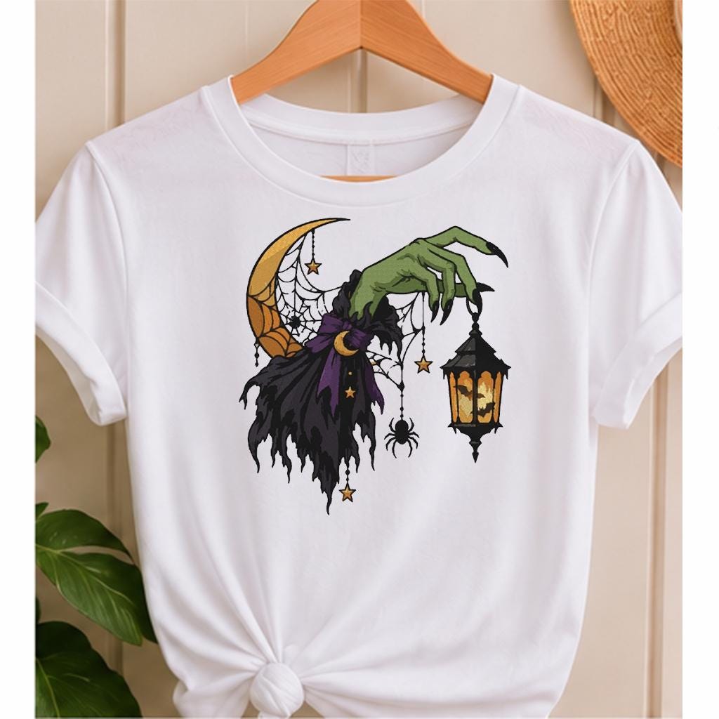 Halloween Witch Hand Lantern Machine Embroidery Design, Gothic Crescent Moon Spider Web, Spooky Witch PES DST JEF Digital Download - NuttyHappyHobby